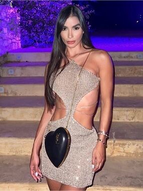 One-Shoulder Beige Metallic Cutout Mini Dress